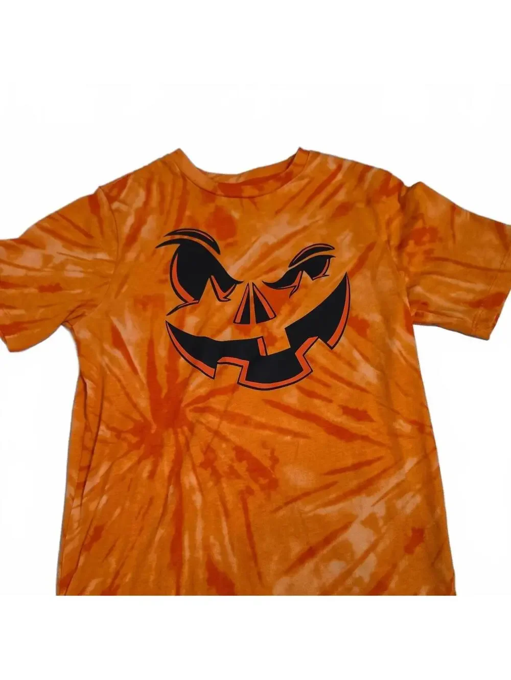 Gildan Orange Tie-Dye Kids Halloween Shirt with Jack-o'-Lantern Face, Size L